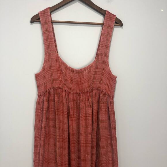 Free People Lily Anne Maxi Dress Plaid Ruffle Hem BackTie Rose Terracotta M - Picture 6 of 15